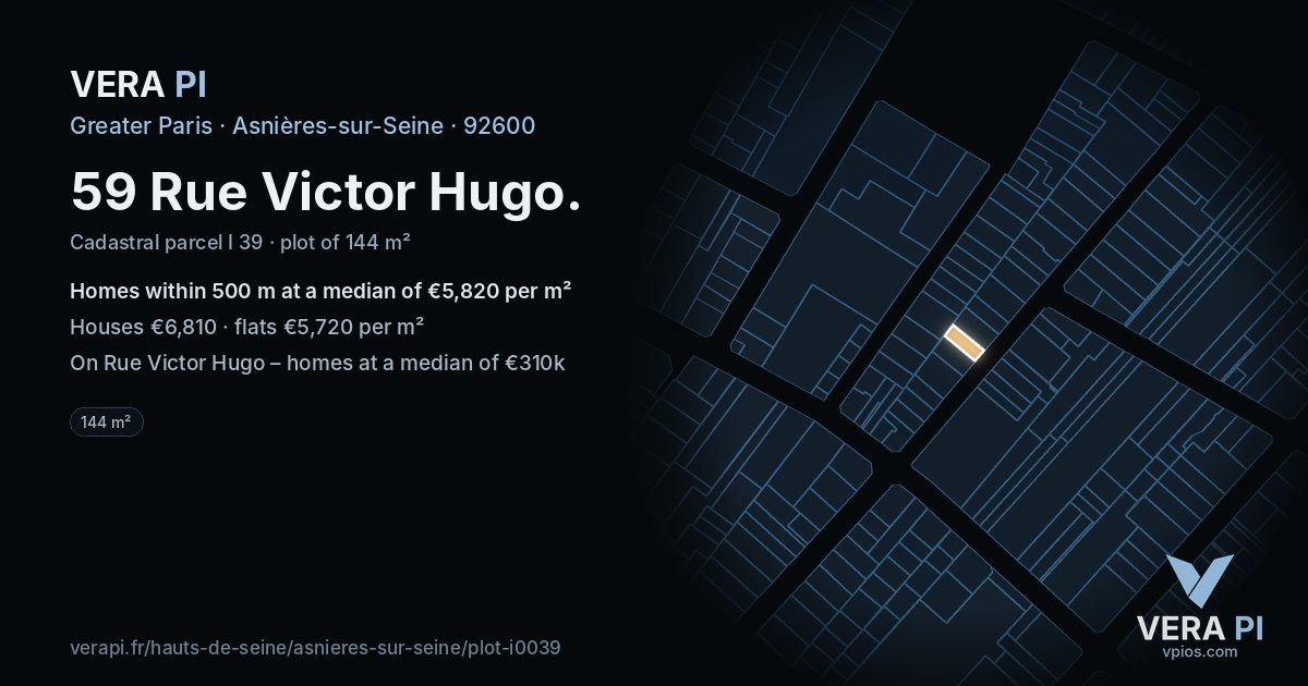 59 Rue Victor Hugo, Asnières-sur-Seine at night – the plot lit, the parcels around coloured by the prices near them