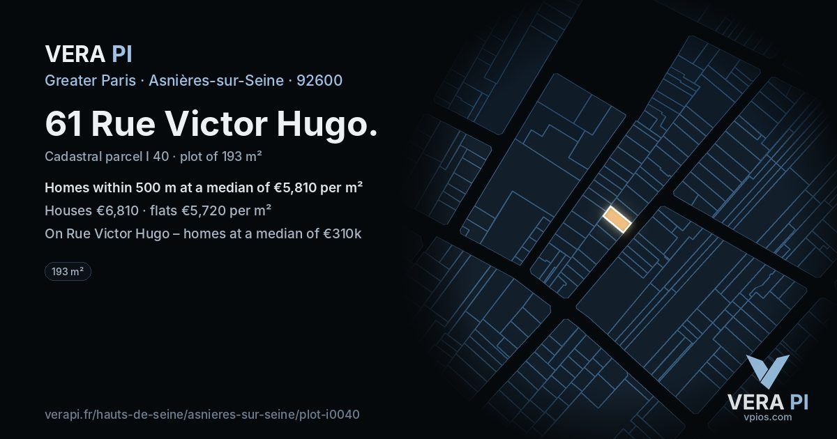 61 Rue Victor Hugo, Asnières-sur-Seine at night – the plot lit, the parcels around coloured by the prices near them