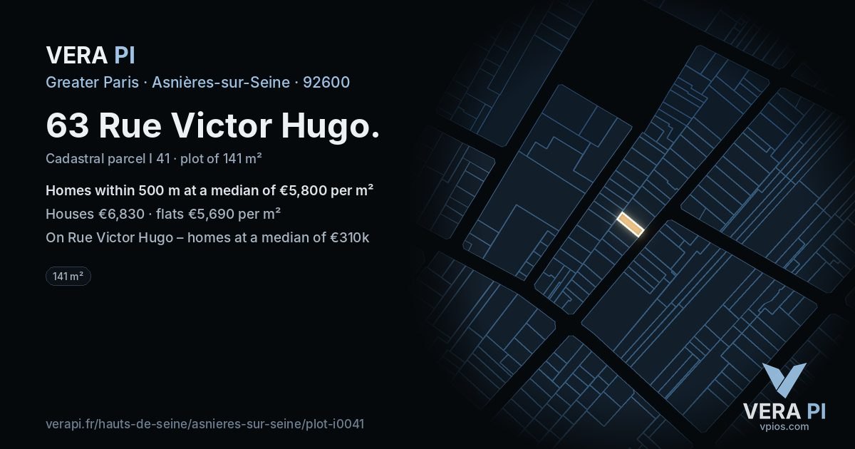 63 Rue Victor Hugo, Asnières-sur-Seine at night – the plot lit, the parcels around coloured by the prices near them