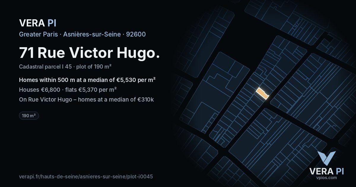 71 Rue Victor Hugo, Asnières-sur-Seine at night – the plot lit, the parcels around coloured by the prices near them