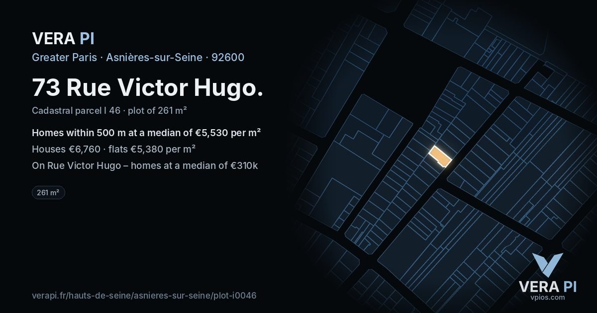 73 Rue Victor Hugo, Asnières-sur-Seine at night – the plot lit, the parcels around coloured by the prices near them