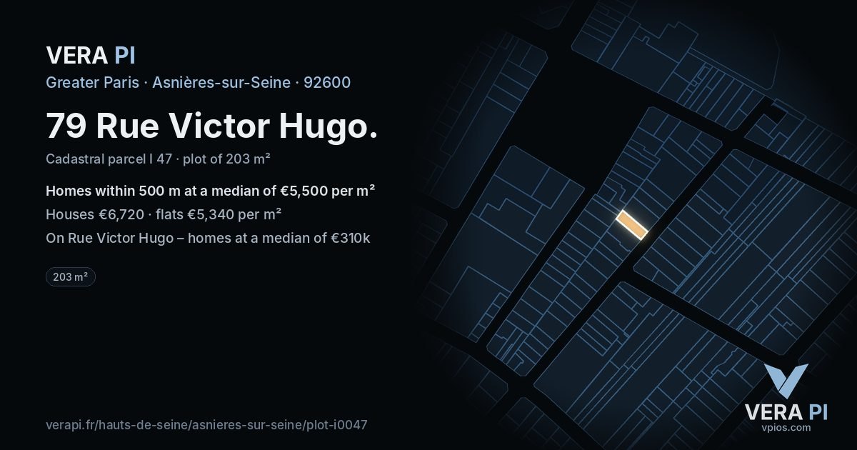 79 Rue Victor Hugo, Asnières-sur-Seine at night – the plot lit, the parcels around coloured by the prices near them