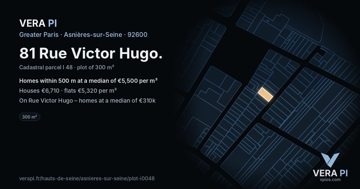 81 Rue Victor Hugo, Asnières-sur-Seine at night – the plot lit, the parcels around coloured by the prices near them