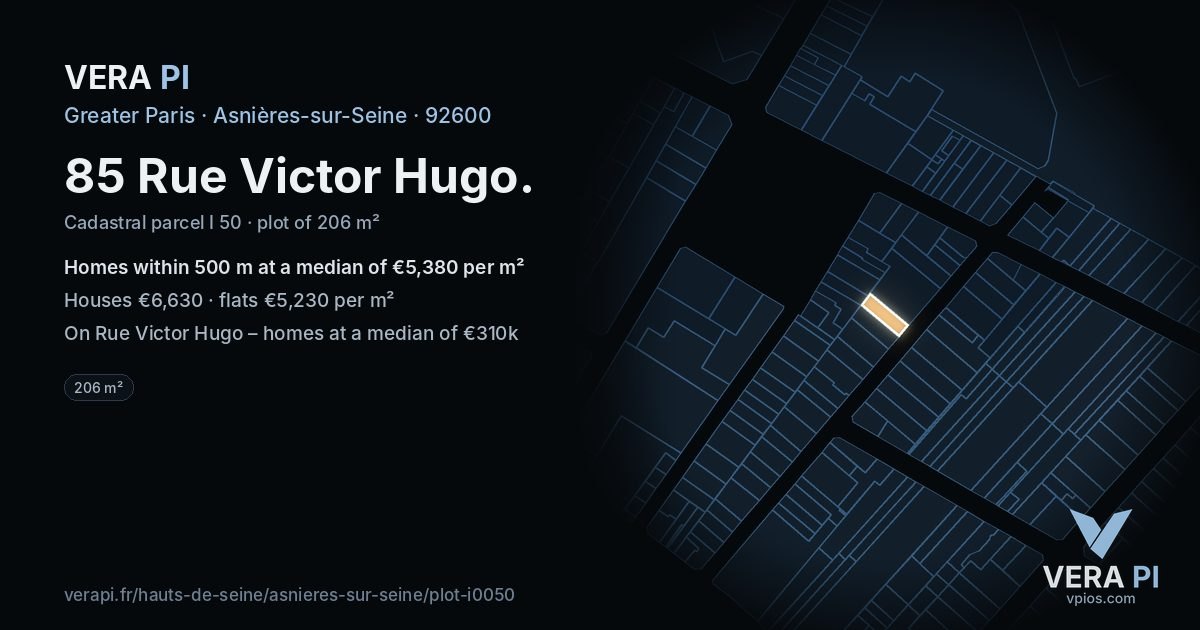 85 Rue Victor Hugo, Asnières-sur-Seine at night – the plot lit, the parcels around coloured by the prices near them