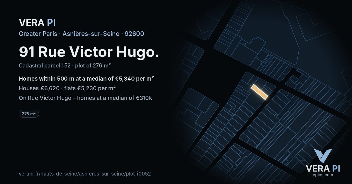 91 Rue Victor Hugo, Asnières-sur-Seine at night – the plot lit, the parcels around coloured by the prices near them