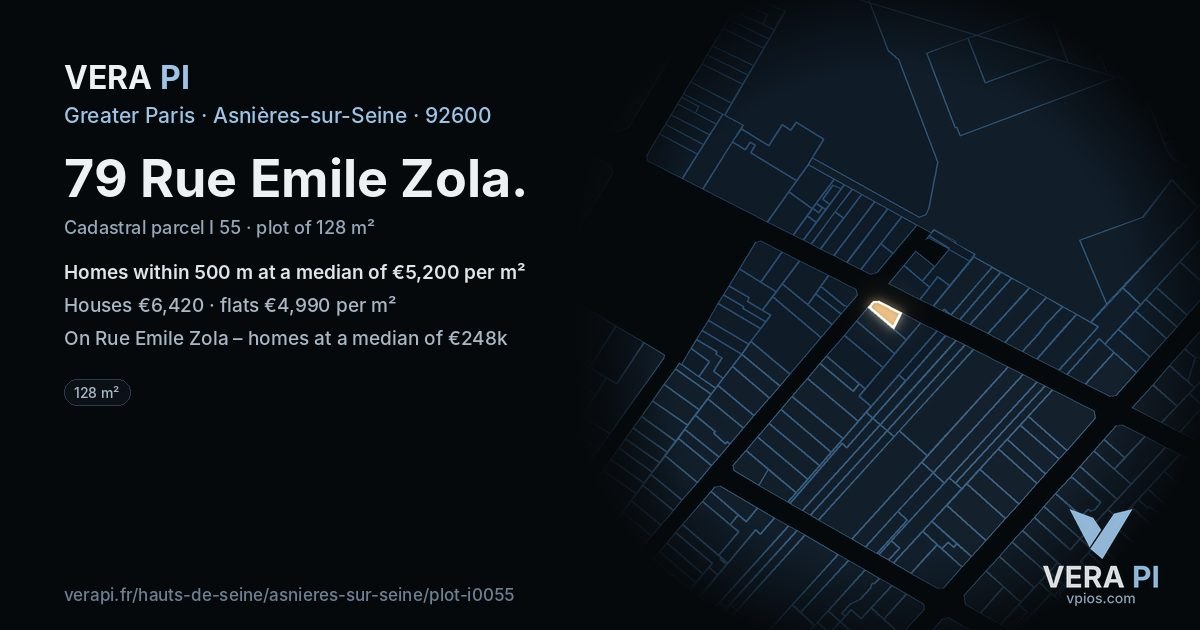 79 Rue Emile Zola, Asnières-sur-Seine at night – the plot lit, the parcels around coloured by the prices near them