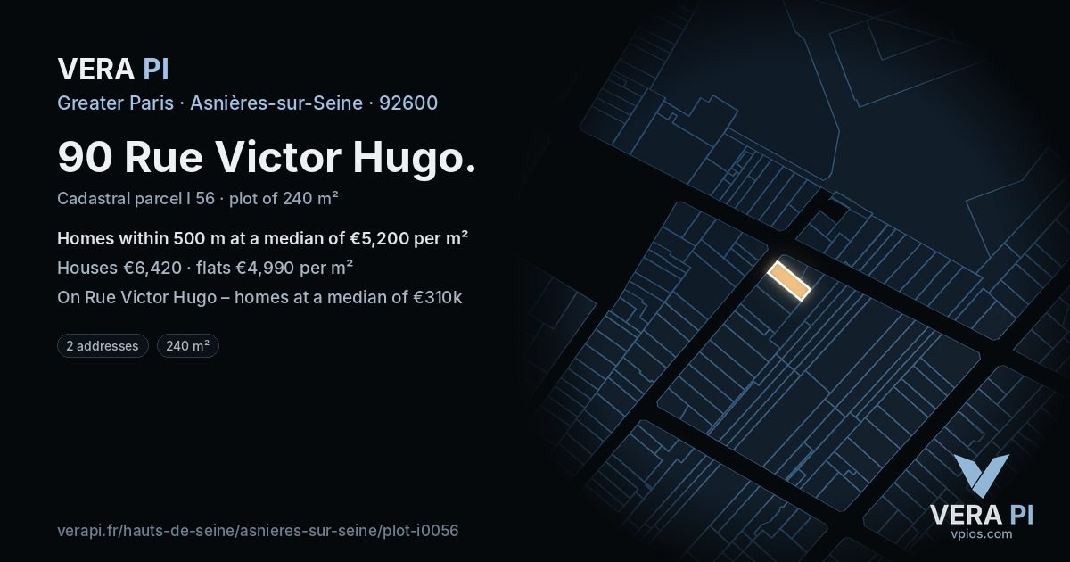 90 Rue Victor Hugo, Asnières-sur-Seine at night – the plot lit, the parcels around coloured by the prices near them
