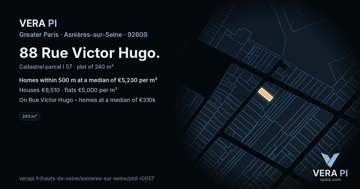88 Rue Victor Hugo, Asnières-sur-Seine at night – the plot lit, the parcels around coloured by the prices near them