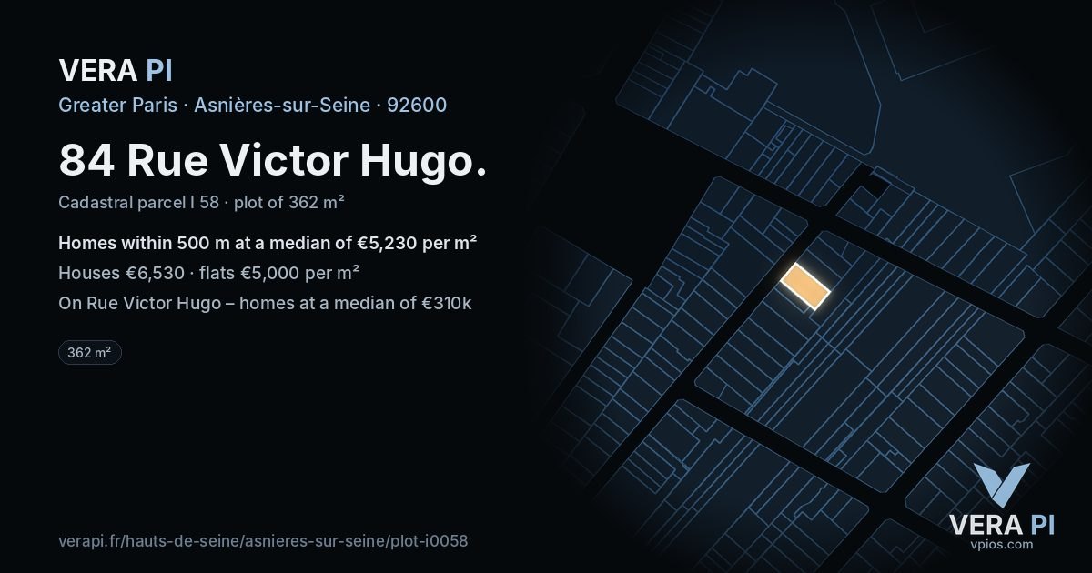 84 Rue Victor Hugo, Asnières-sur-Seine at night – the plot lit, the parcels around coloured by the prices near them