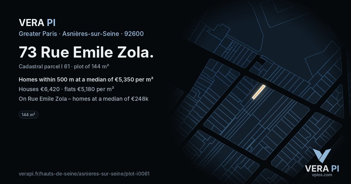 73 Rue Emile Zola, Asnières-sur-Seine at night – the plot lit, the parcels around coloured by the prices near them