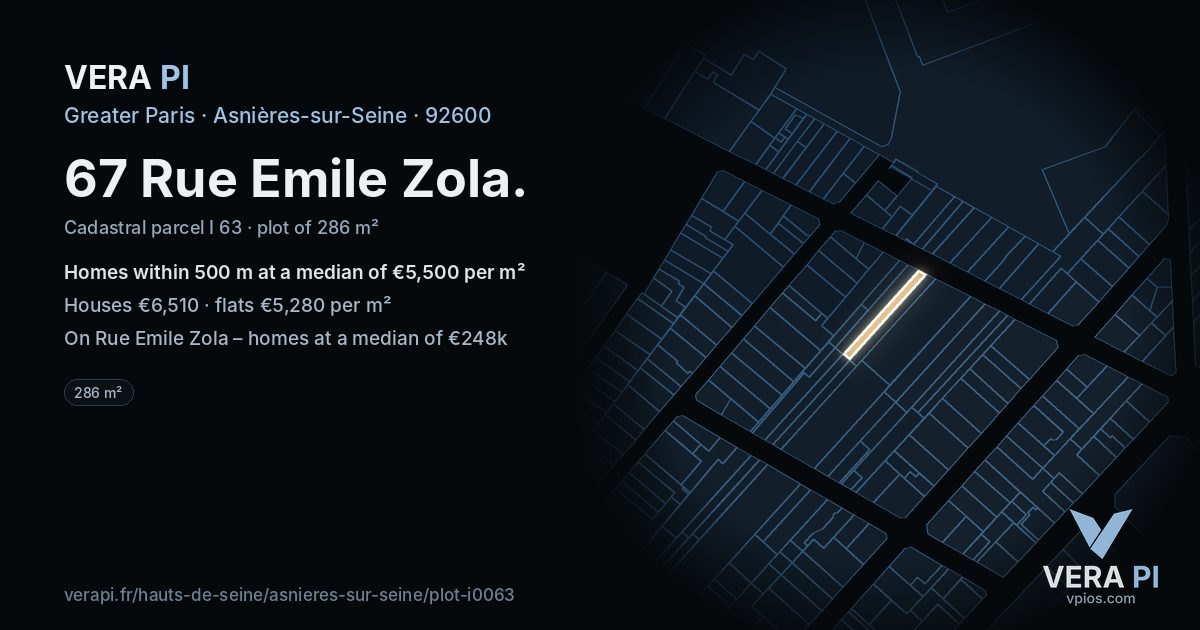 67 Rue Emile Zola, Asnières-sur-Seine at night – the plot lit, the parcels around coloured by the prices near them