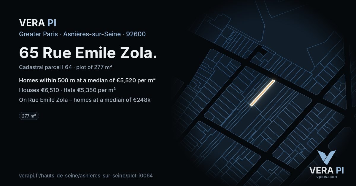 65 Rue Emile Zola, Asnières-sur-Seine at night – the plot lit, the parcels around coloured by the prices near them
