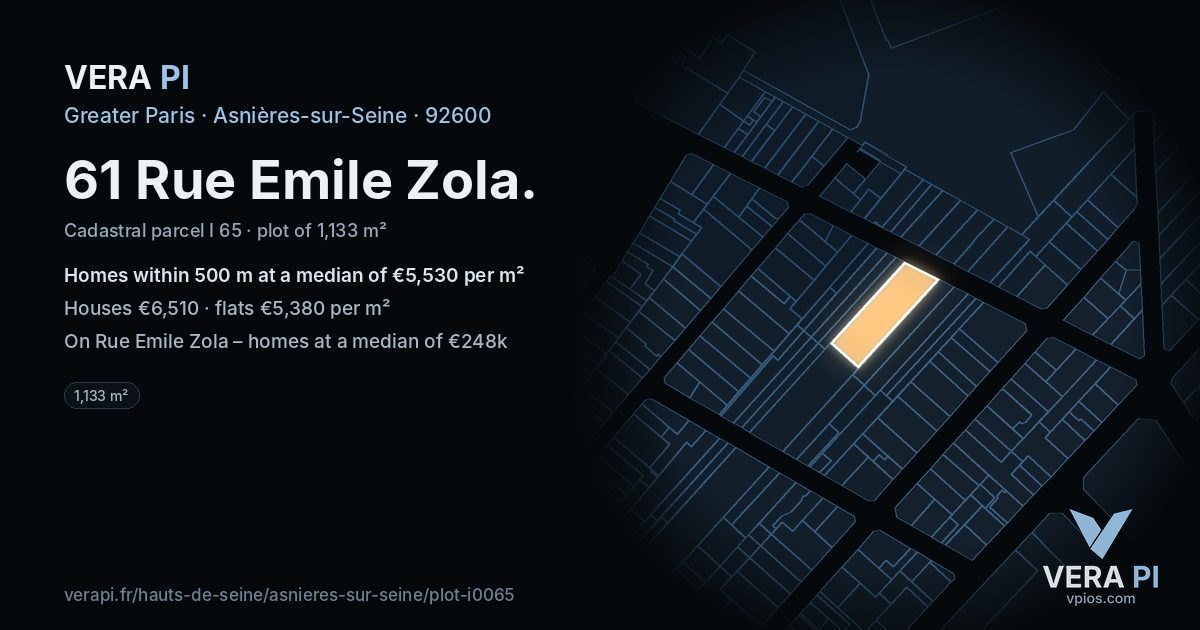 61 Rue Emile Zola, Asnières-sur-Seine at night – the plot lit, the parcels around coloured by the prices near them