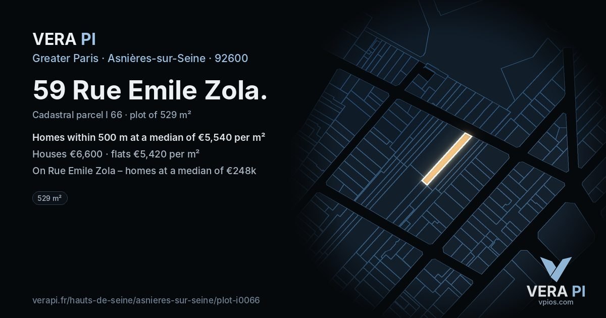 59 Rue Emile Zola, Asnières-sur-Seine at night – the plot lit, the parcels around coloured by the prices near them