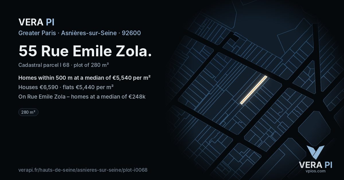 55 Rue Emile Zola, Asnières-sur-Seine at night – the plot lit, the parcels around coloured by the prices near them
