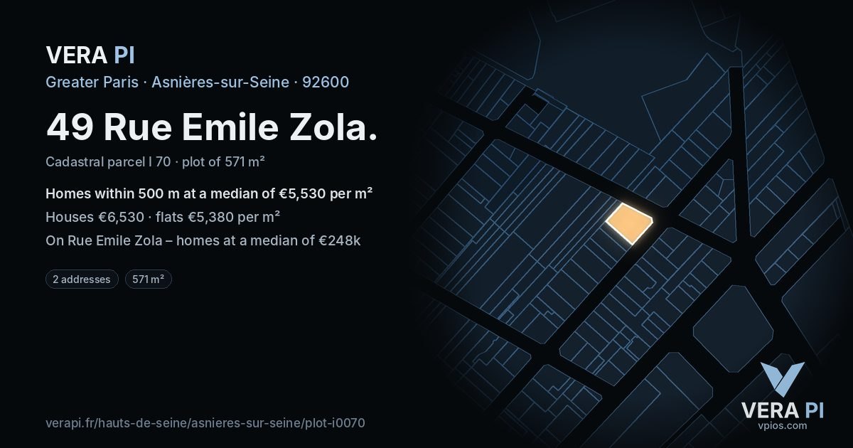 49 Rue Emile Zola, Asnières-sur-Seine at night – the plot lit, the parcels around coloured by the prices near them