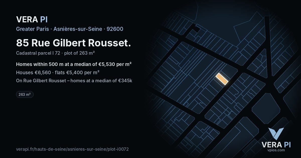 85 Rue Gilbert Rousset, Asnières-sur-Seine at night – the plot lit, the parcels around coloured by the prices near them