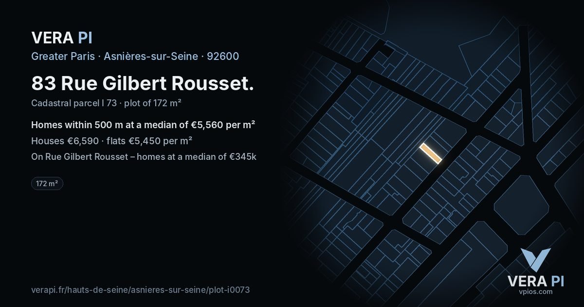 83 Rue Gilbert Rousset, Asnières-sur-Seine at night – the plot lit, the parcels around coloured by the prices near them