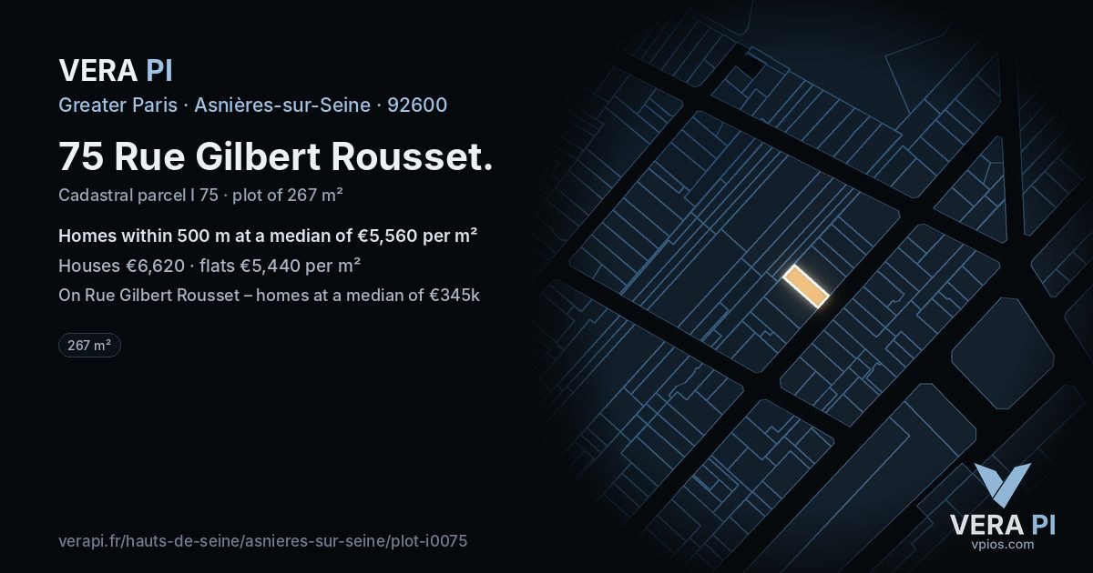 75 Rue Gilbert Rousset, Asnières-sur-Seine at night – the plot lit, the parcels around coloured by the prices near them