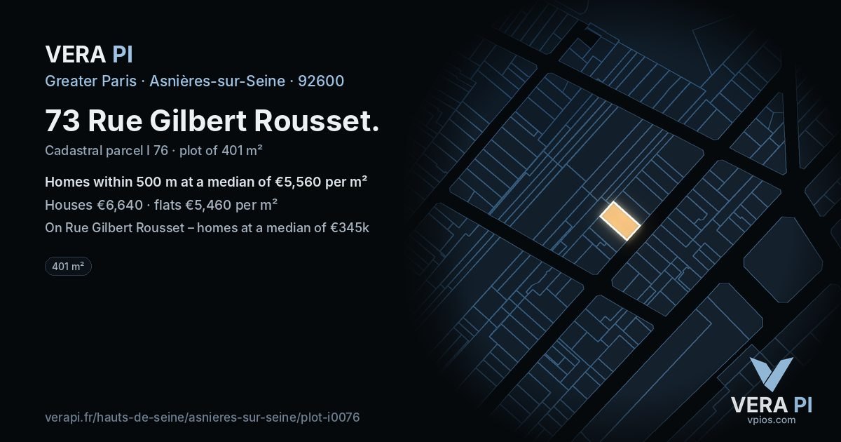 73 Rue Gilbert Rousset, Asnières-sur-Seine at night – the plot lit, the parcels around coloured by the prices near them