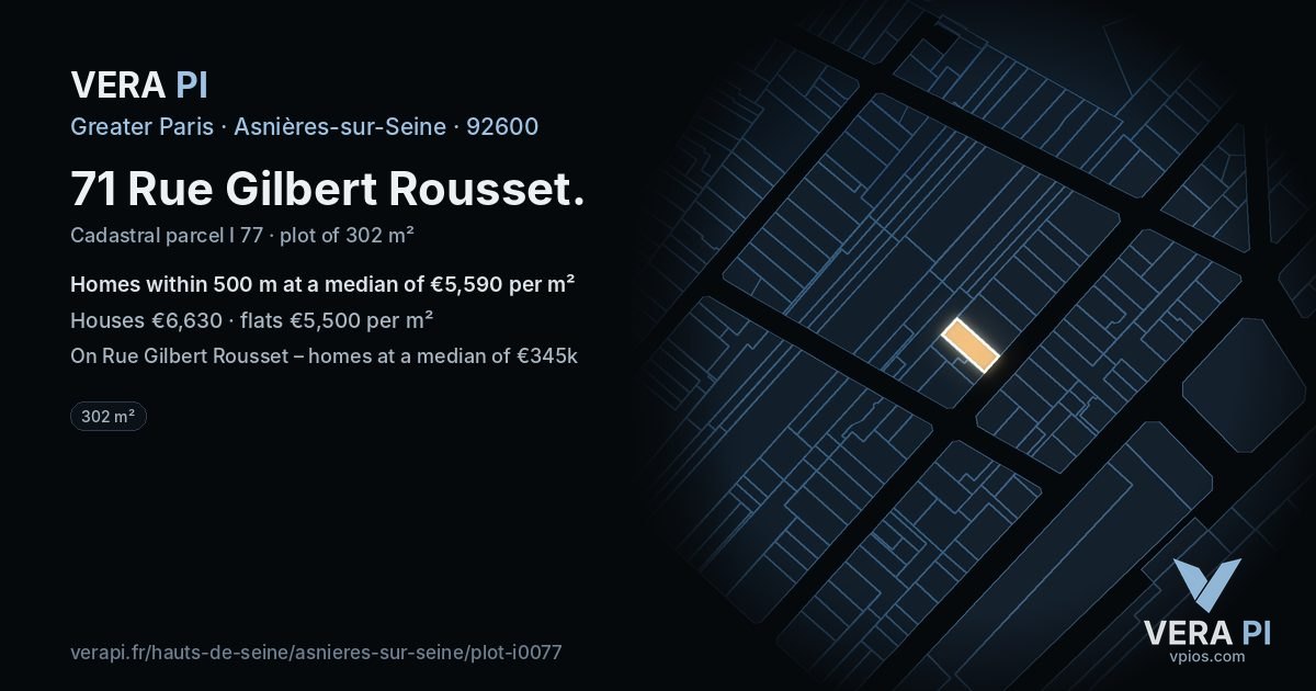 71 Rue Gilbert Rousset, Asnières-sur-Seine at night – the plot lit, the parcels around coloured by the prices near them