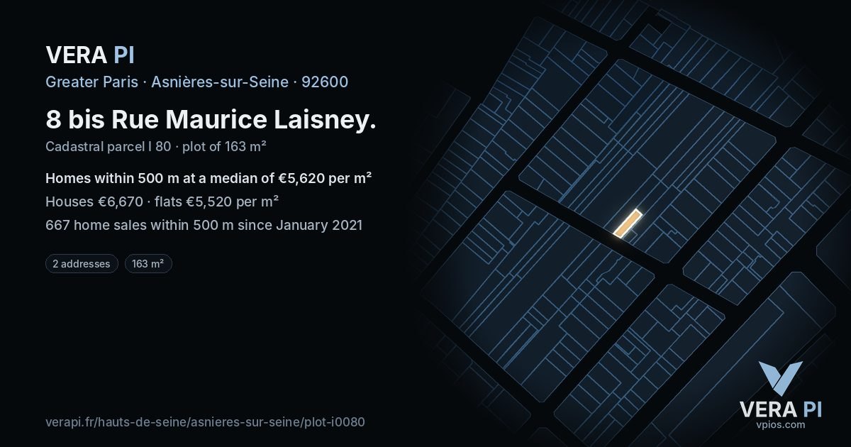 8 bis Rue Maurice Laisney, Asnières-sur-Seine at night – the plot lit, the parcels around coloured by the prices near them