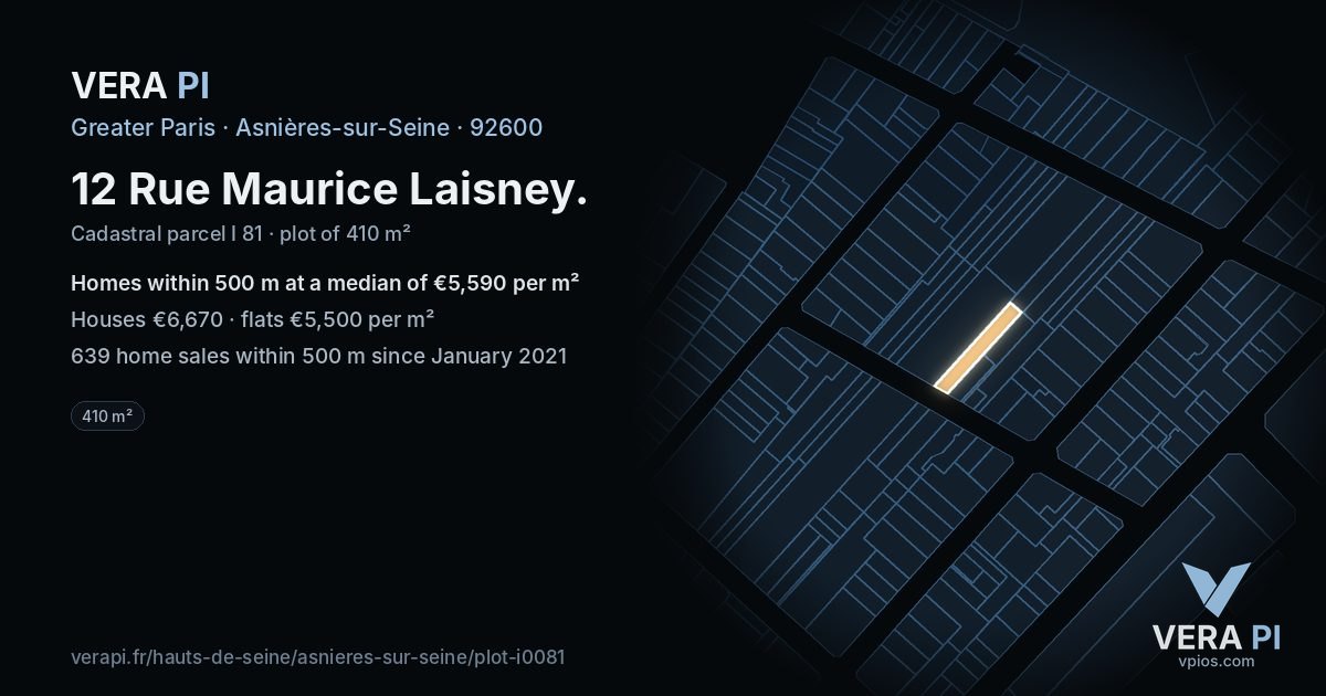 12 Rue Maurice Laisney, Asnières-sur-Seine at night – the plot lit, the parcels around coloured by the prices near them