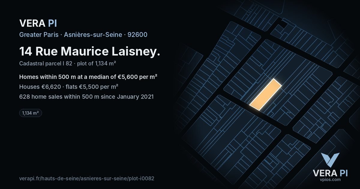 14 Rue Maurice Laisney, Asnières-sur-Seine at night – the plot lit, the parcels around coloured by the prices near them