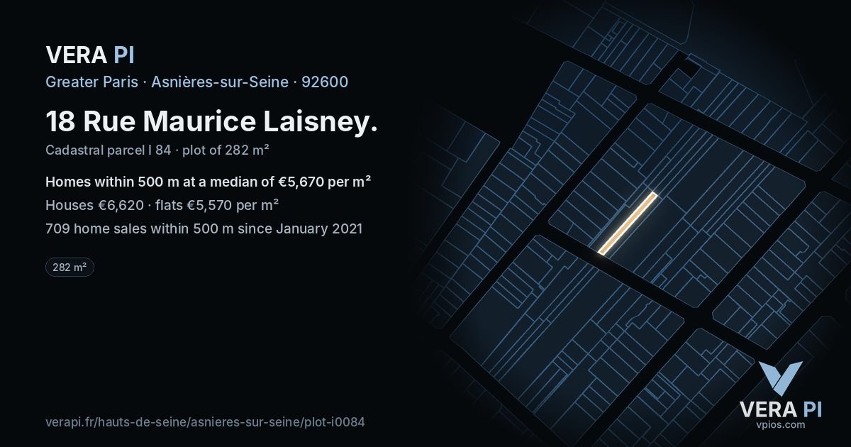 18 Rue Maurice Laisney, Asnières-sur-Seine at night – the plot lit, the parcels around coloured by the prices near them