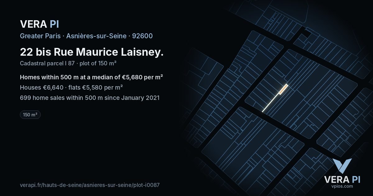 22 bis Rue Maurice Laisney, Asnières-sur-Seine at night – the plot lit, the parcels around coloured by the prices near them