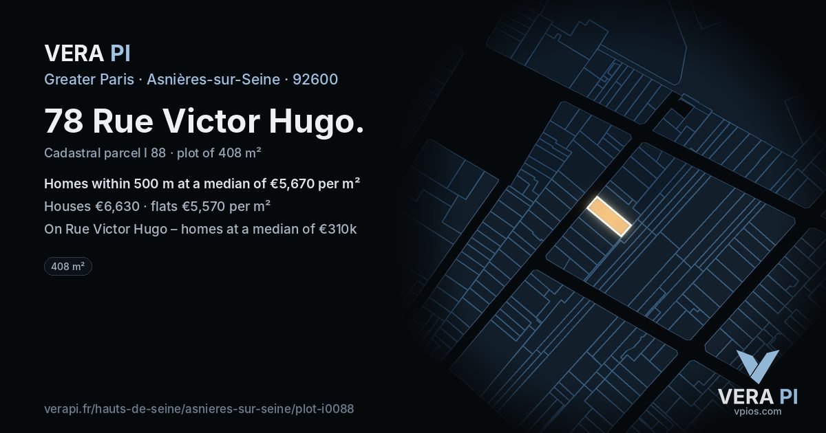 78 Rue Victor Hugo, Asnières-sur-Seine at night – the plot lit, the parcels around coloured by the prices near them