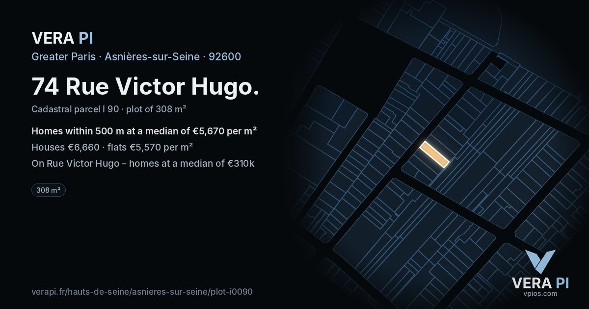 74 Rue Victor Hugo, Asnières-sur-Seine at night – the plot lit, the parcels around coloured by the prices near them