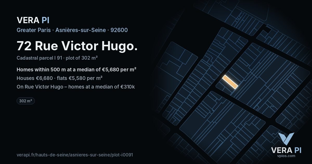 72 Rue Victor Hugo, Asnières-sur-Seine at night – the plot lit, the parcels around coloured by the prices near them