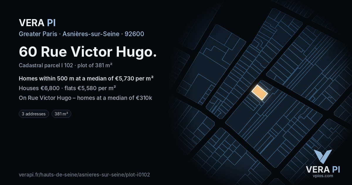60 Rue Victor Hugo, Asnières-sur-Seine at night – the plot lit, the parcels around coloured by the prices near them