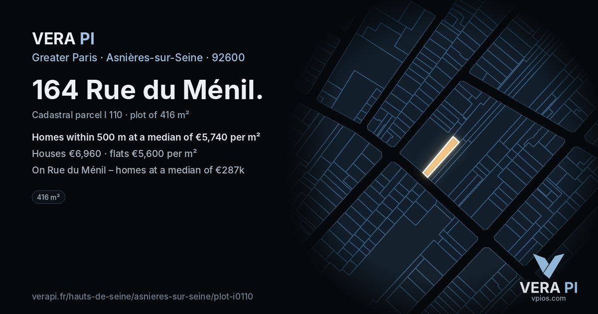 164 Rue du Ménil, Asnières-sur-Seine at night – the plot lit, the parcels around coloured by the prices near them