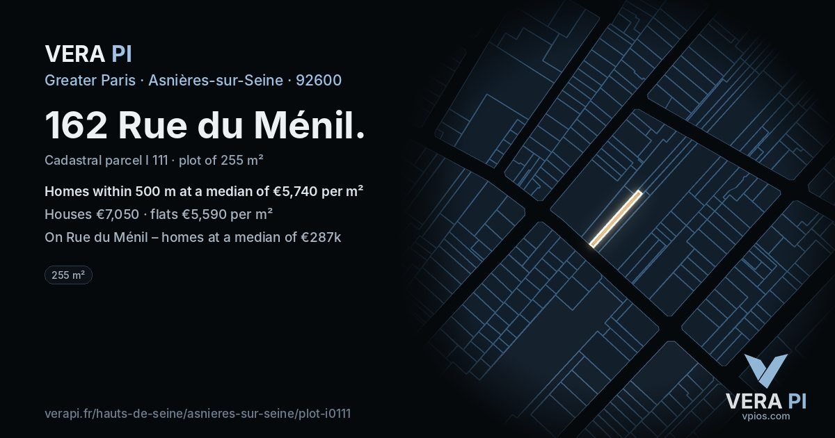 162 Rue du Ménil, Asnières-sur-Seine at night – the plot lit, the parcels around coloured by the prices near them
