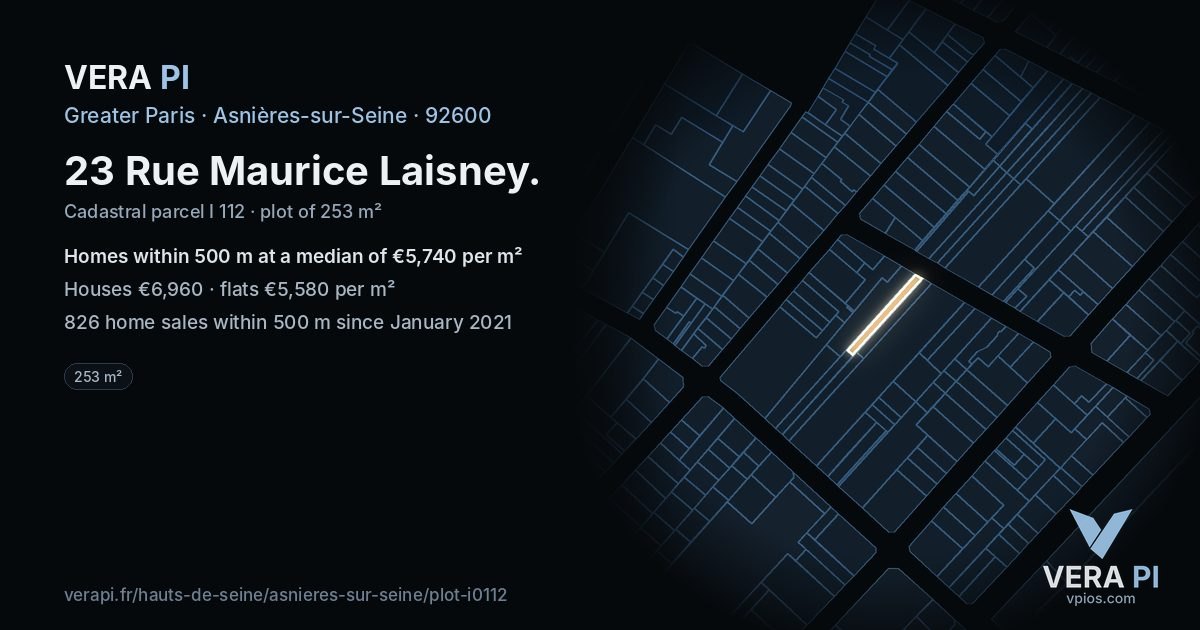 23 Rue Maurice Laisney, Asnières-sur-Seine at night – the plot lit, the parcels around coloured by the prices near them