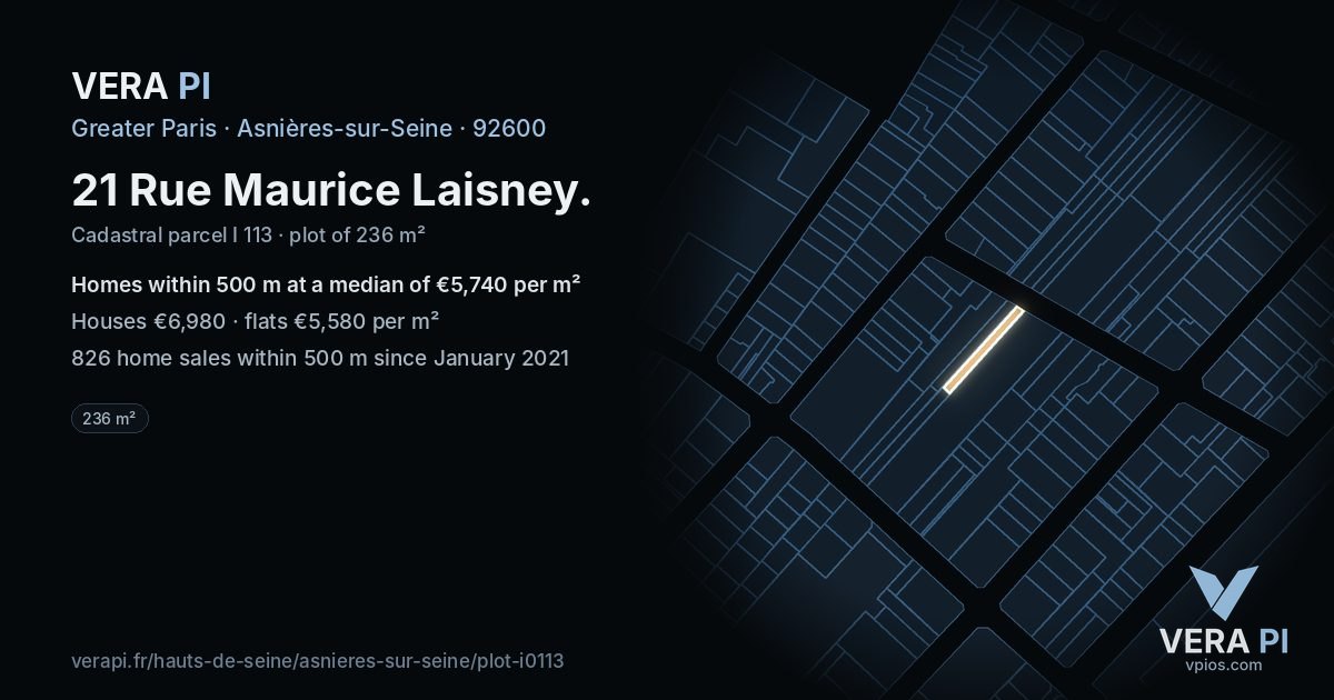 21 Rue Maurice Laisney, Asnières-sur-Seine at night – the plot lit, the parcels around coloured by the prices near them