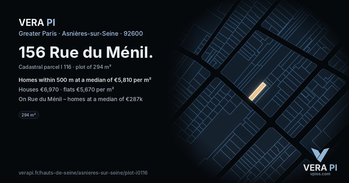 156 Rue du Ménil, Asnières-sur-Seine at night – the plot lit, the parcels around coloured by the prices near them