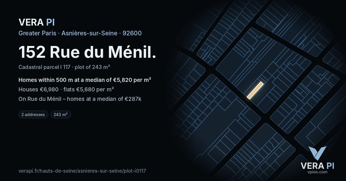 152 Rue du Ménil, Asnières-sur-Seine at night – the plot lit, the parcels around coloured by the prices near them