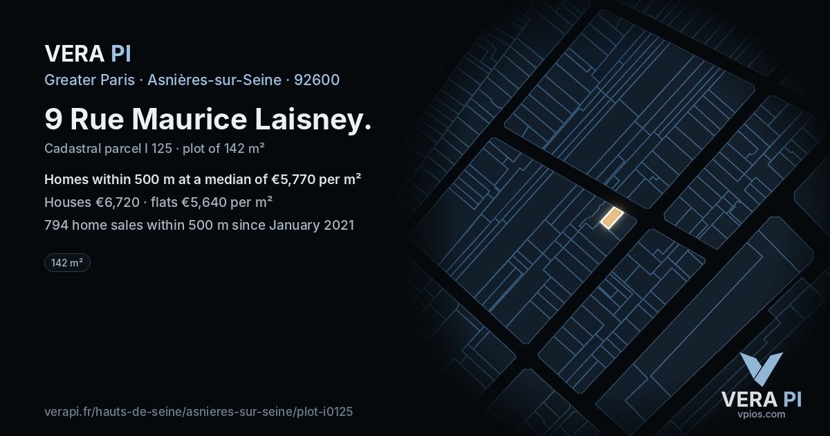 9 Rue Maurice Laisney, Asnières-sur-Seine at night – the plot lit, the parcels around coloured by the prices near them