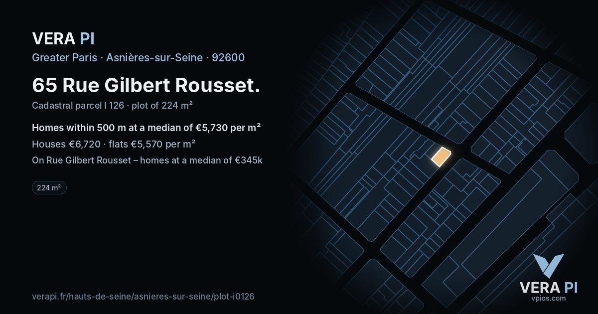 65 Rue Gilbert Rousset, Asnières-sur-Seine at night – the plot lit, the parcels around coloured by the prices near them