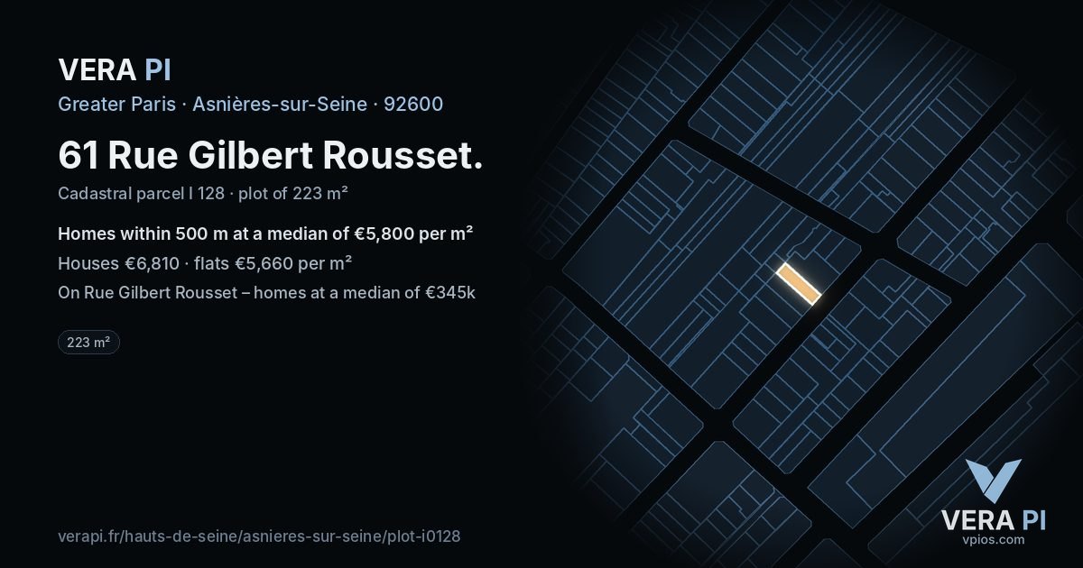 61 Rue Gilbert Rousset, Asnières-sur-Seine at night – the plot lit, the parcels around coloured by the prices near them