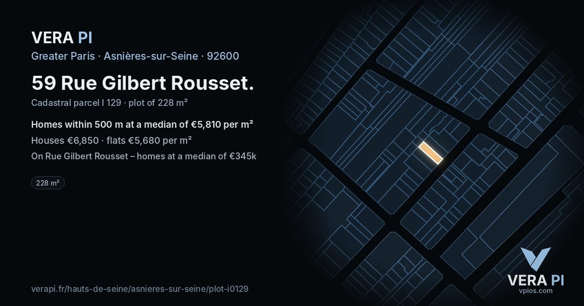59 Rue Gilbert Rousset, Asnières-sur-Seine at night – the plot lit, the parcels around coloured by the prices near them