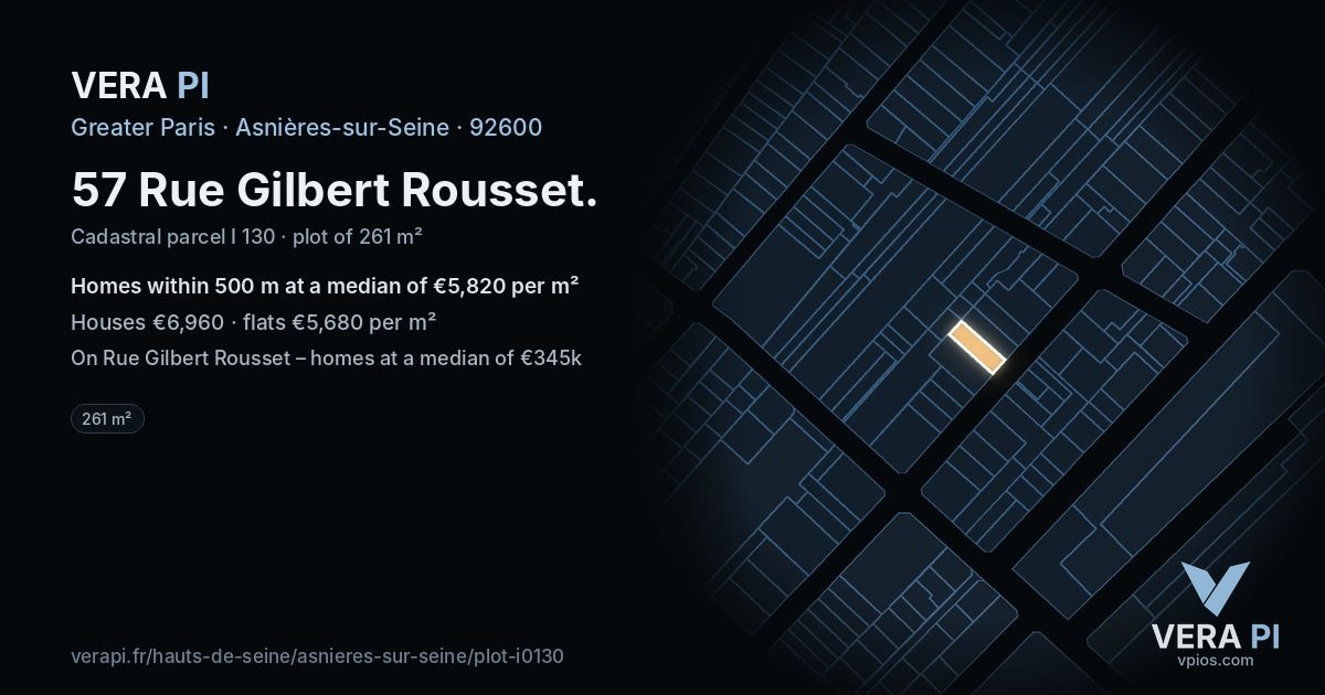 57 Rue Gilbert Rousset, Asnières-sur-Seine at night – the plot lit, the parcels around coloured by the prices near them