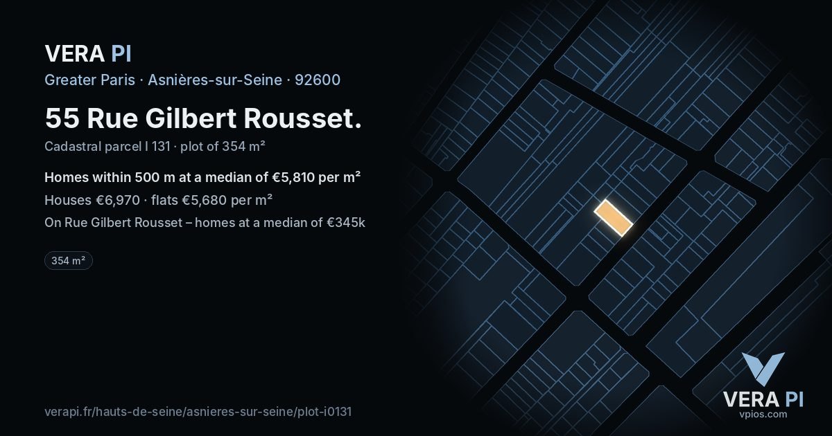 55 Rue Gilbert Rousset, Asnières-sur-Seine at night – the plot lit, the parcels around coloured by the prices near them