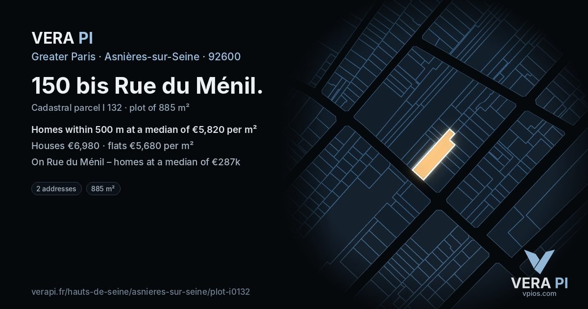 150 bis Rue du Ménil, Asnières-sur-Seine at night – the plot lit, the parcels around coloured by the prices near them