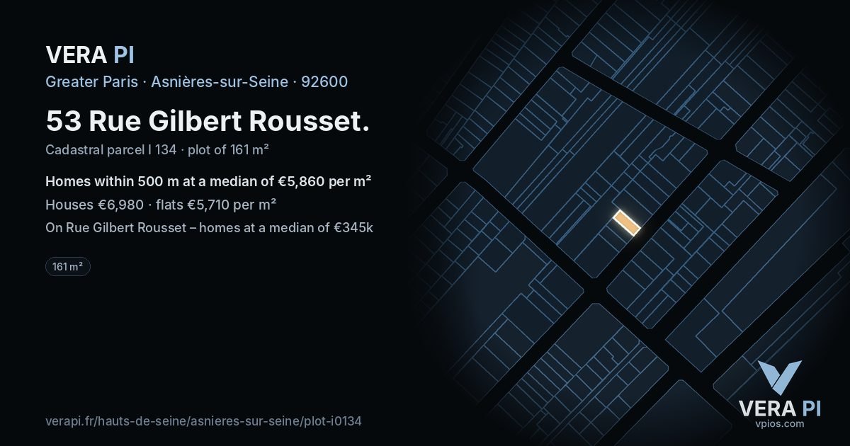 53 Rue Gilbert Rousset, Asnières-sur-Seine at night – the plot lit, the parcels around coloured by the prices near them
