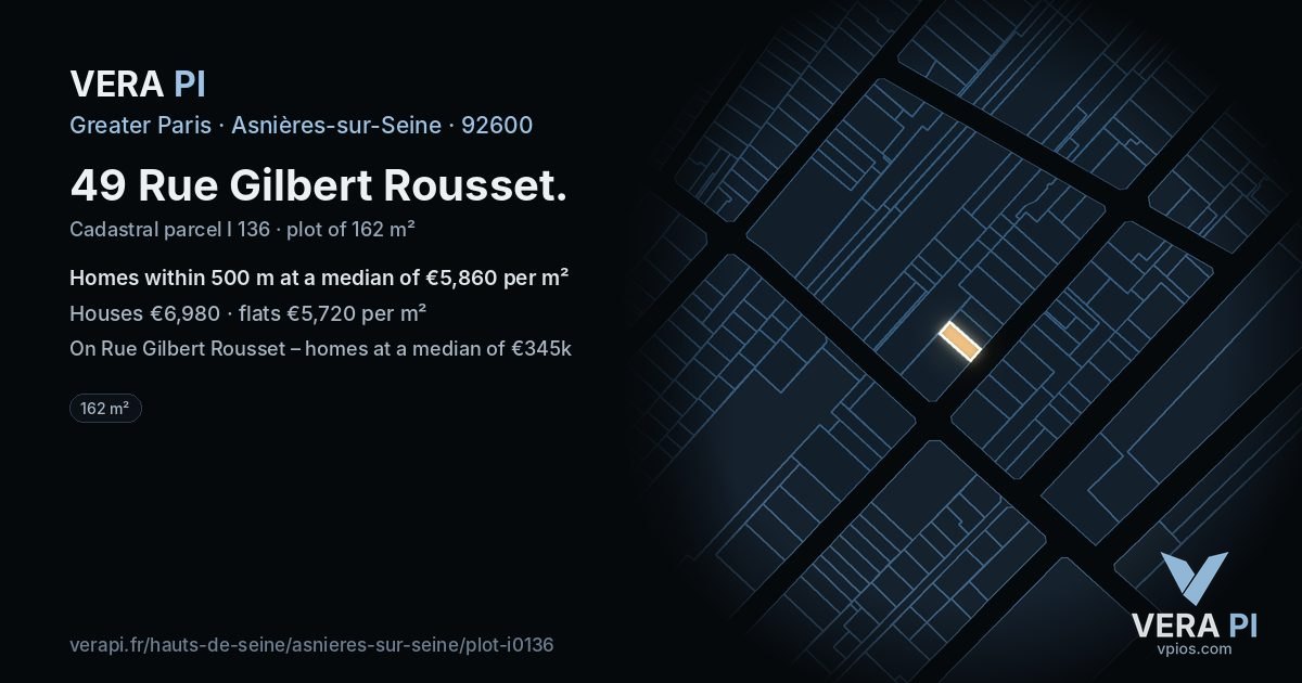 49 Rue Gilbert Rousset, Asnières-sur-Seine at night – the plot lit, the parcels around coloured by the prices near them