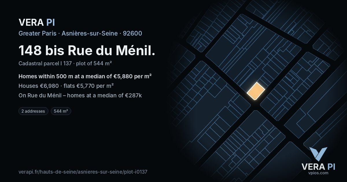 148 bis Rue du Ménil, Asnières-sur-Seine at night – the plot lit, the parcels around coloured by the prices near them